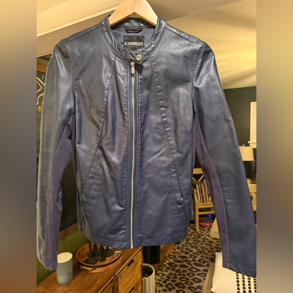 Express Clothing Women's Navy Faux Leather Jacket